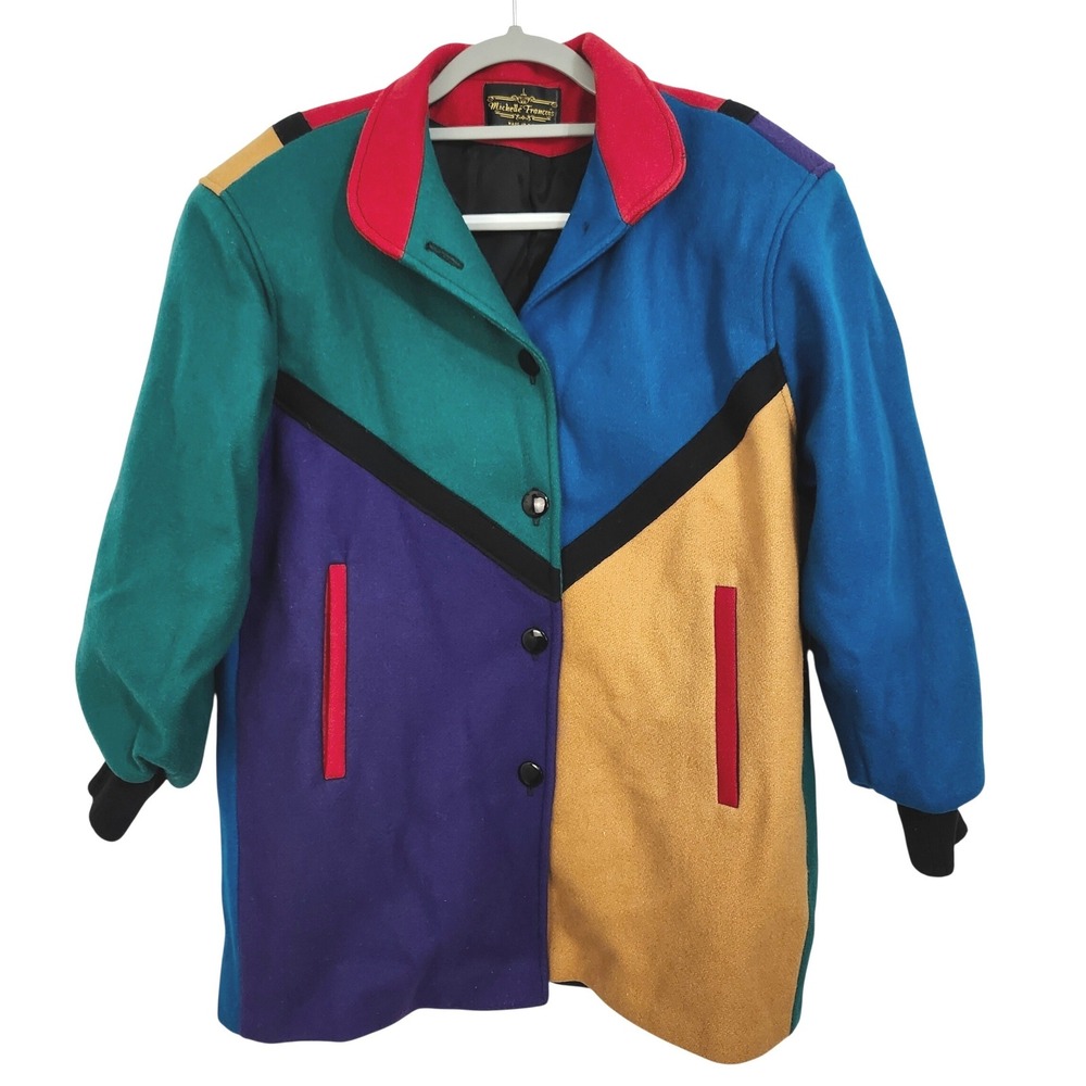 Vintage 80s Michelle Francois Colorblock‎ Wool Blend Coat Womens Large? USA Made